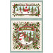 Panel fabric featuring a rectangle picture frame featuring a snowman and squires above a square framed image featuring a snowman, reindeer, and squirrels in different winter scenes.