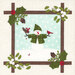 A close up portion of the panel featuring a snowman with birds on it's arms surrounded by a brown grid border that's decorated with holly leaves.