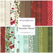 A collage of fabrics included in the Snowtop Mountain Flannel collection with cream, brown, red, aqua, and green with a festive winter theme.