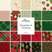 A collage of fabrics included in the Poinsettias at Christmas collection with cream, green, red, and black fabrics with a Christmas theme.