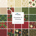 A collage of fabrics included in the Poinsettias at Christmas collection with cream, green, red, and black fabrics with a Christmas theme.