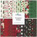A fat quarter fabric collage of red, black, green, and mint christmas designs from the collection Evergreen Wishes by Traci Reed for Riley Blake Designs. 