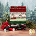 A stack of the fabrics included in the Evergreen Wishes collection, with trees and snow and pine garland and mistletoe and a poinsettia and thread.