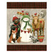 Panel with red and black plaid border, with a snowman, bear, moose, and other critters on a gray center block.