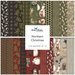 Collage of fabrics in the collection with muted red, green, and taupe, featuring Christmas motifs such as plaid, mistletoe, and little critters. 