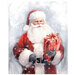 Joyful Santa Clause holding a red ribboned gift on a mottled and snowy white background.