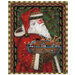 Santa Clause, holding a miniature Noah's Ark filled with animals, on a background of evergreen branches with ornaments and a frame of geometric designs.