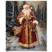 Jolly Saint Nick on a journey through the winter forest, robes of deep red outlined in gold and fur.