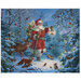 Santa Clause in the forest at nighttime carrying a bag of gifts, holding a lantern and surrounded by the forest animals.