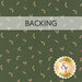 A swatch of evergreen fabric with tossed tonal twirls and holly. A transparent banner at the top reads "Backing" and a gold shabby fabrics logo rests in the bottom right corner. 
