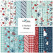 Patterned fabric squares with winter themes, featuring snowflakes, deer, and holiday motifs.