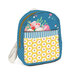 Version 1 of the backpack, showcasing blue floral fabrics and yellow cherry fabrics.