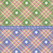 An 8x8 close up swatch of the border stripe, showcasing a close look at the stars, plaid, and thin rows of the alphabet.