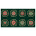 A dotted dark green christmas panel with decorated snowflakes, swirls, and wreaths. 