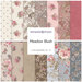 A collage of fabrics included in the Meadow Blush collection with blue, pink, cream, and tan fabrics with a floral motif.