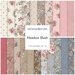 A collage of fabrics included in the Meadow Blush collection with blue, pink, cream, and tan fabrics with a floral motif.