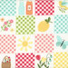 White cotton canvas fabric with a multicolored checker design filled with gingham patterns, fruit, suns, and glasses of lemonade.