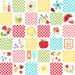White fabric with a multicolored checker design filled with gingham patterns, fruit, suns, glasses of lemonade, and other summer motifs.