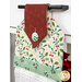 An angled shot of the top of the hanging towel, demonstrating fabric colors and details on the fabric button.