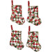 The four completed Fast Fusible Patchwork Stockings colored in the Berry & Pine collection from Moda Fabrics, isolated on a white background.