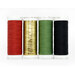 Four spools of thread in red, green, black and metallic gold isolated on a white background.