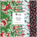 A collage of fabrics included in the Dancing Santas collection with green, white, and black fabrics with a Christmas theme.