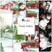 A collage of fabrics included in the Frosty Hollow collection featuring white and black fabrics with a vintage winter theme.