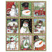 Panel fabric featuring a window pane of snowmen in festive winter scenes on a green and black plaid background.