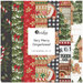 Collage of fabrics in the collection, in dark grey, green, red and white, with gingham and Christmasy gingerbread motifs