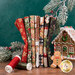 A stack of the fabrics included in the Very Merry Gingerbread collection, with pine branches and a gingerbread house and a gingerbread man and thread.