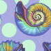 A 8" x 8" swatch of wide back fabric in periwinkle blue with large aquamarine polka dots and multicolor blue seashells