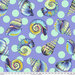 A 24" x 24" swatch of wide back fabric in periwinkle blue with large aquamarine polka dots and multicolor blue seashells