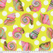 A 24" x 24" swatch of wide back fabric in neon yellow with large white polka dots and multicolor pink seashells