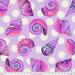 A 24" x 24" swatch of wide back fabric in pastel violet with large cream polka dots and multicolor purple seashells