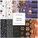 A collection of fabrics included in the Moonlit Mischief collection with white, purple, black, and orange fabrics with a Halloween theme.