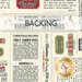 A swatch of cream fabric with a newspaper print with Christmas recipes, logos, and classic winter motifs. A banner at the top reads "Backing" and a golden Shabby Fabrics logo sits in the bottom right corner.