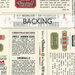 A swatch of cream fabric with a newspaper print with Christmas recipes, logos, and classic winter motifs. A banner at the top reads "Backing".