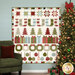 The completed Christmas Celebration Row of the Month quilt, colored in ivory, red, green, and blue fabrics from the Emmitt & Ivy collection by Moda Fabrics, hung on a vintage blue wall and staged with coordinating Christmas décor.
