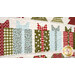 A super close up on a row of present blocks, colored in various olive green, bright red, light blue, and ivory fabrics.