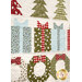 A close up on the rows of present, tree, and wreath blocks, colored in various olive green, bright red, light blue, and ivory fabrics.