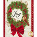 A close up on the center panel of the quilt, a wreath with cardinals and a bright red bow with the word "Joy".
