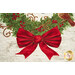A close up on the red bow on the wreath, showcasing the beautiful metallic accents.