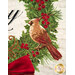 A close up on the brown cardinal on the wreath, showcasing the fabric details and beautiful metallic accents.