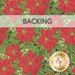 A swatch of fabric with large red poinsettias and overlapping bright green leaves with gold metallic accents. A banner at the top reads "Backing" and a golden Shabby Fabrics logo sits in the bottom right corner.