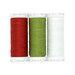 Three spools of red, green, and white thread in the Foundation Paper Piecing Series 3 - December - 3pc Thread Set, isolated on a white background.