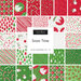 A collage of fabrics included in the Snow Time collection with red, white, and green fabrics featuring a Christmas theme.