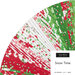A collage of fabric strips in red, white, and green featuring a Christmas theme in a circular display, labeled Snow Time from Moda Fabrics.