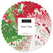 A collage of fabric swatches in red, white, and green with a Christmas theme arranged in a circular pattern, labeled Snow Time from Moda Fabrics.