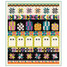 A digital mockup of the finished Boo Crew BOM quilt, with ghosts, pumpkins, checkered sections, and quilting stars in bright Halloween colors.