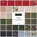 Collage of fabrics in the collection in navy, ice blue, red, cream, and green featuring birds, snowflakes and leaves
